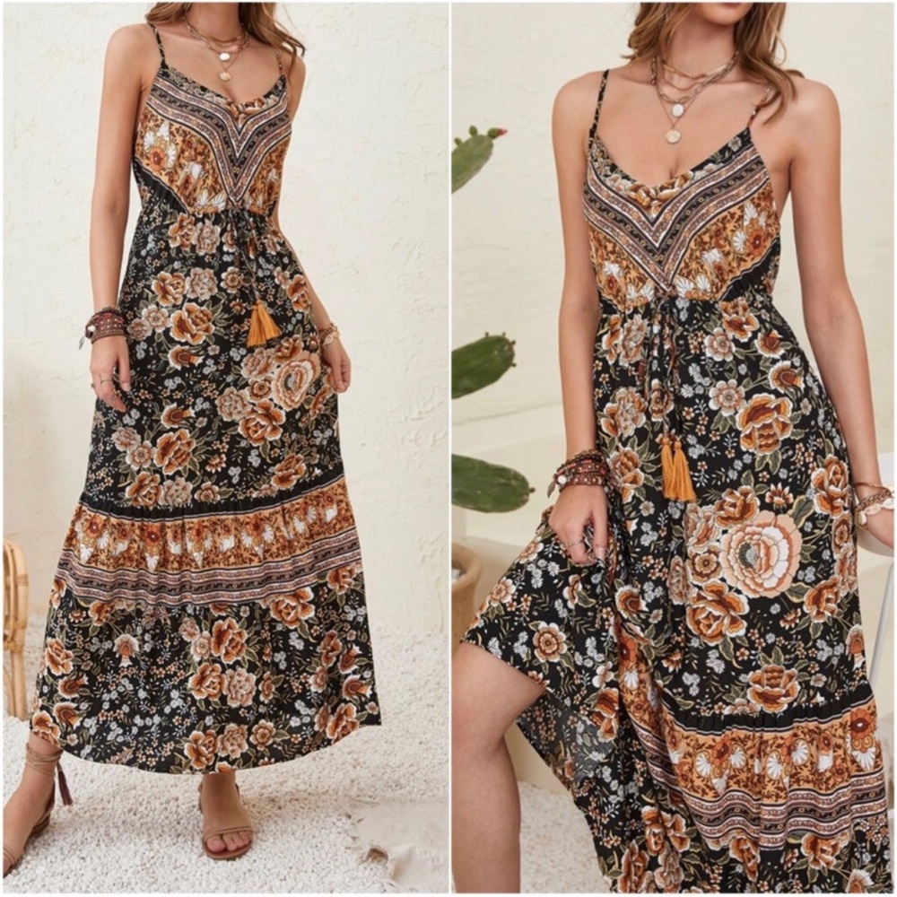 Bohemian Floral Print Tassel Maxi Dress S M L XL